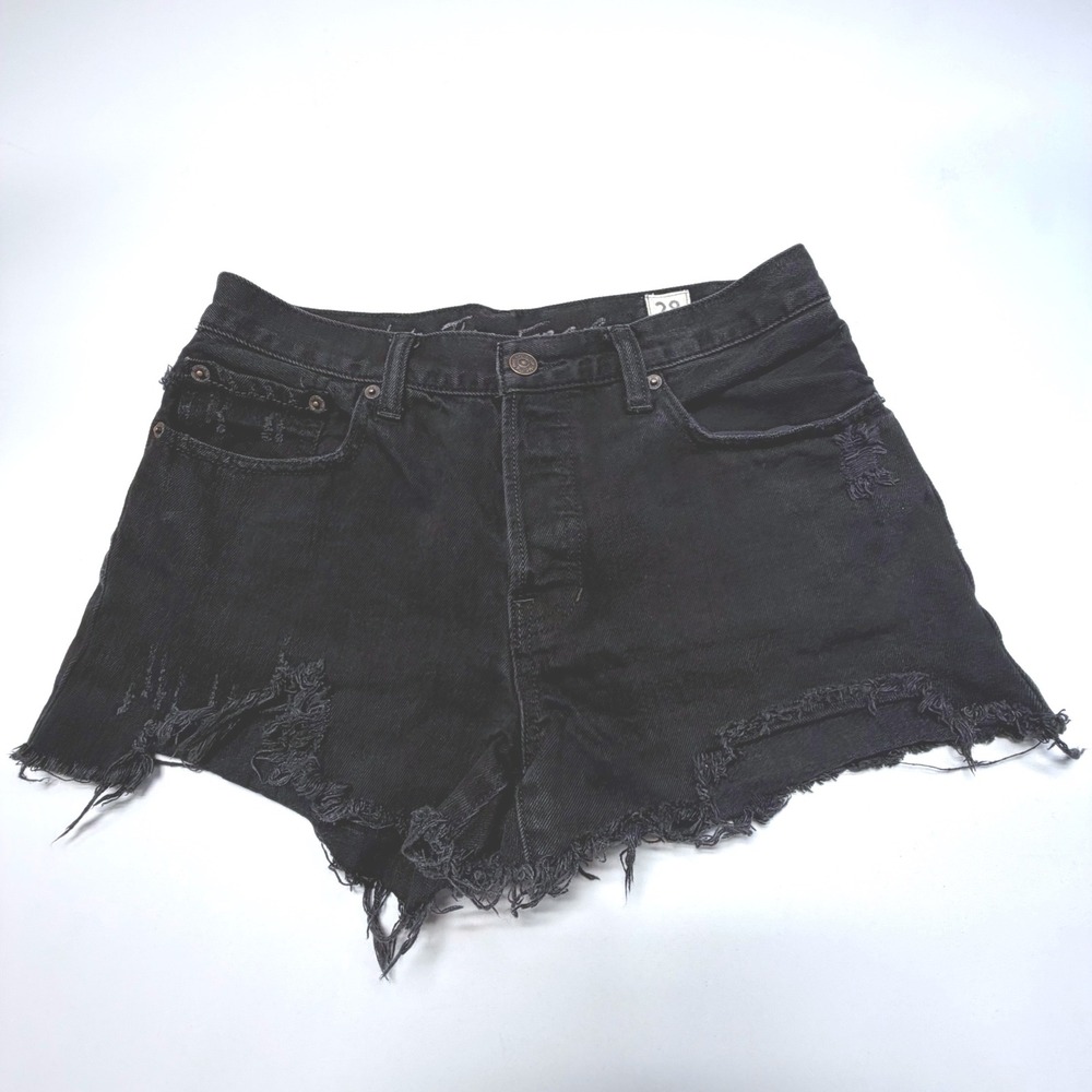 Free People We The Free Black Distressed Denim Shorts Raw Hem 28